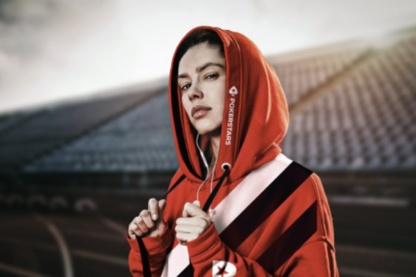 a woman in a red hoodie