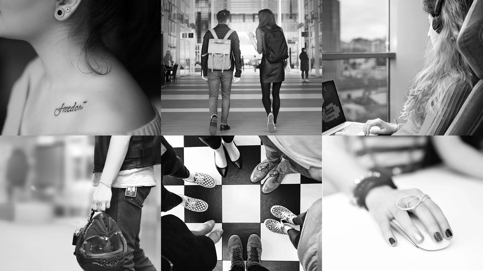 a collage of people walking