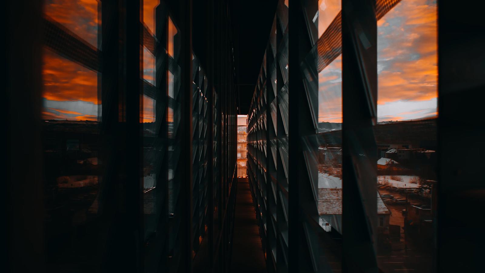 a hallway with windows